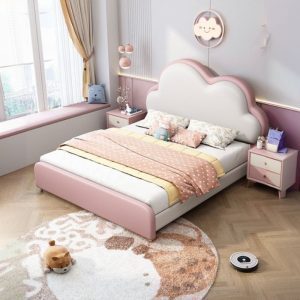 "Blush Art Deco Timber Standard Children Bed with Sponge-Filled Panel Headboard for Girl/Woman+"