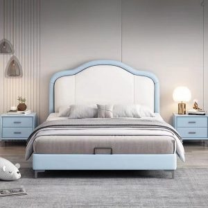 "Azure Trendy Timber Standard Children Bed with Artificial Leather Panel Headboard and Coir Mattress for Gender Neutral"
